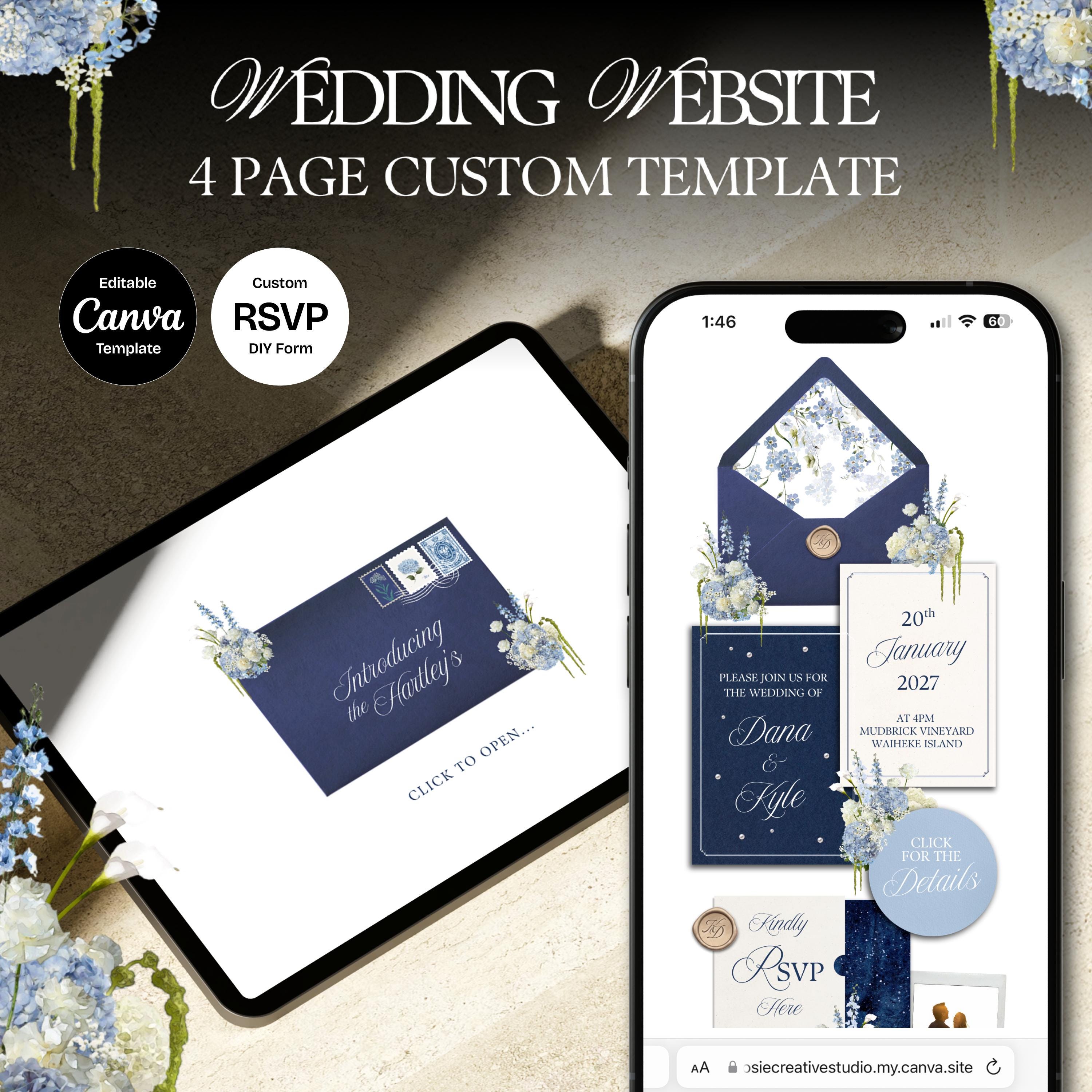 Navy Blue Wedding Website Template with RSVP: Editable Canva Design (Digital Download)