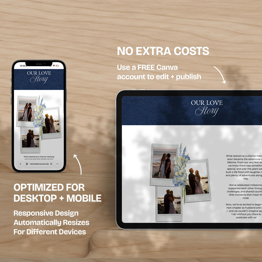 Navy Blue Wedding Website Template with RSVP: Editable Canva Design (Digital Download)